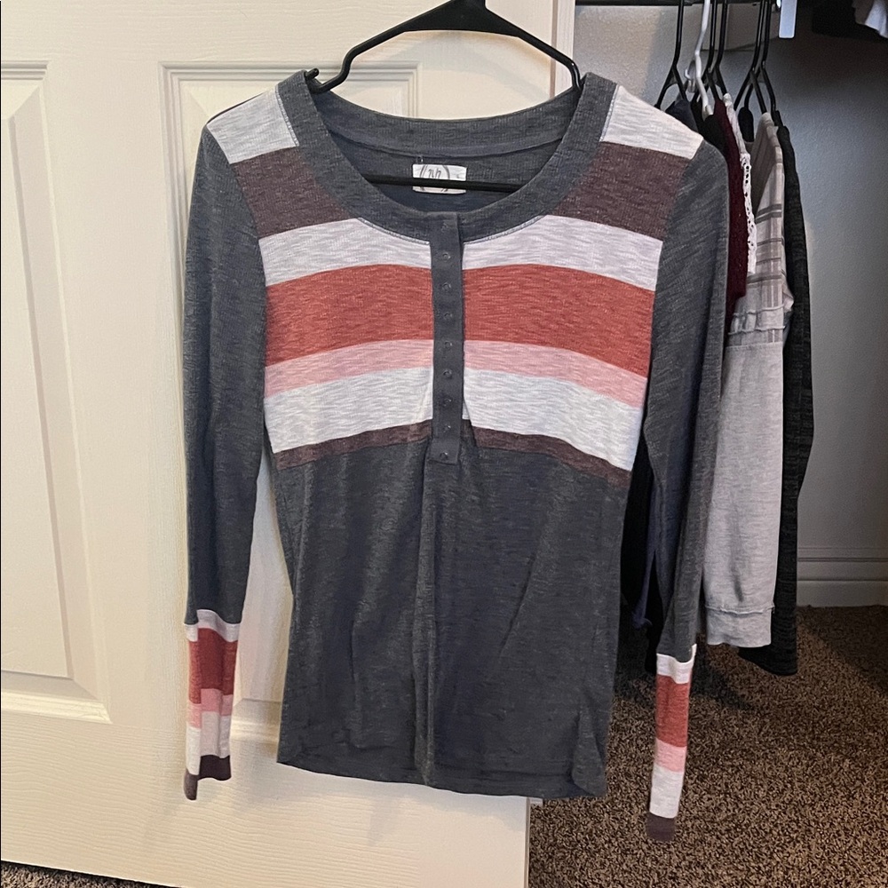 Long Sleeve Striped Henley Tee - Charcoal with Rust & Pink